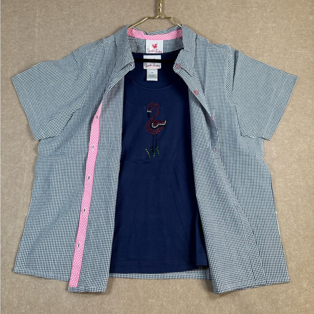 Quacker Factory Navy blue checkered shirt with flamingo tank top